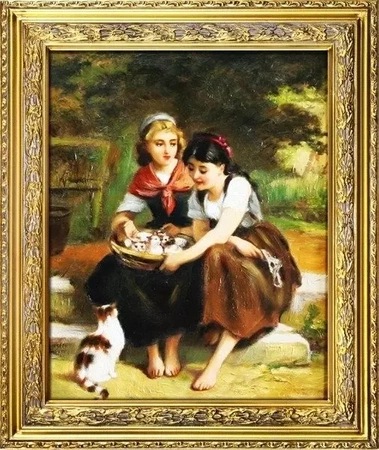Emile Munier - Dwie dziewczynki z kotkami w koszyku - 54x64 cm - G04646