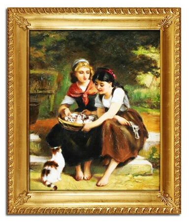 Emile Munier - Dwie dziewczynki z kotkami w koszyku - 54x64 cm - G04646